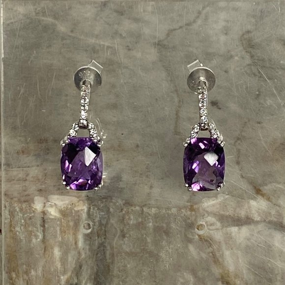 Jewelry - Sterling Silver 925 VJ Cushion Cut Amethyst Cubic Zirconia Stud Dangle Earrings